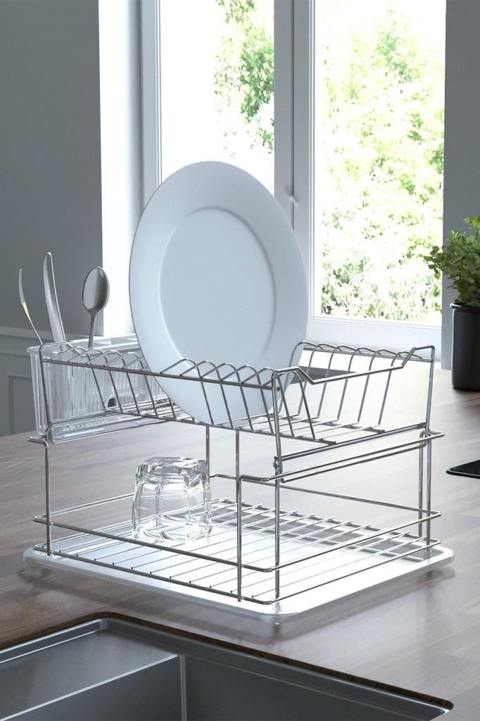 Geseus Home İki Katlı Modüler Tabaklık Bulaşıklık Krom Şeffaf KB10