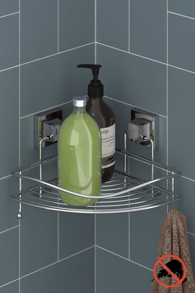 Geseus Yapışkanlı Askılı Tek Katlı Banyo Köşe Rafı Krom EF250