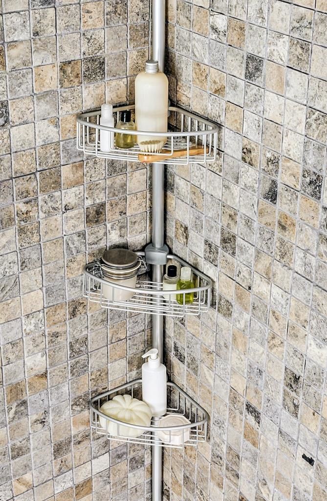 Primanova Alüminyum Raflı Yaylı Banyo Köşe Rafı Üç Raflı N40