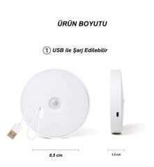 USB Şarjlı PIR Hareket Sensörlü Gece Lambası Magnet Mıknatıslı 4000K-Gün Işığı-2Adet