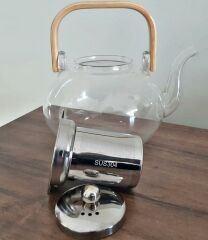 Ateşe Dayanıklı Çelik Süzgeçli Ahşap Saplı Lüx Cam Demlik 800ML-20812