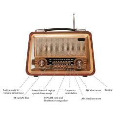 Nostaljik Ahşap Şarjlı 3 Bant Radyo,Tf,Usb Girişli,Fm Radyo,Bluetooth Bağlantılı- R-2066BT-KOYU KAHVE