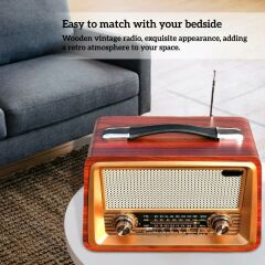 Nostaljik Ahşap Şarjlı 3 Bant Radyo,Tf,Usb Girişli,Fm Radyo,Bluetooth Bağlantılı- R-2066BT-KOYU KAHVE