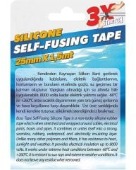 Silikon Kaynayan Çok amaçlı Bant Boru patlak Bandı 3Katına Kadar Esner Su Altında Uygulanabilir 25x1,5Mt-Siyah