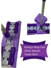 Çelik Ayna Kıskaçlı Cam Silme Mopu Mikrofiber Yedek Bezli Yer Duvar Fayans Silme Mopu