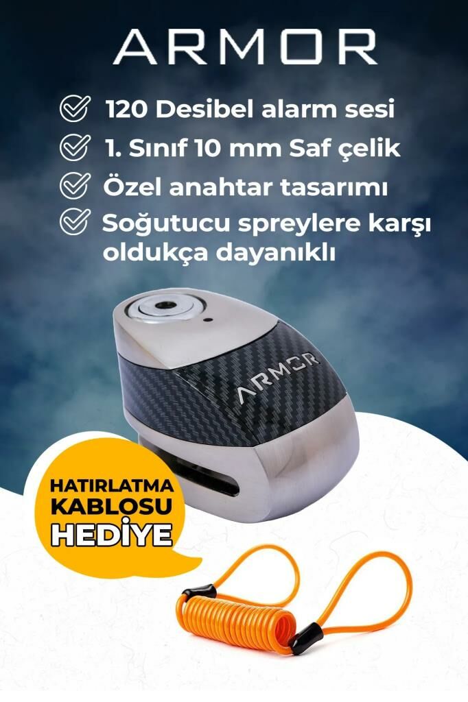 Armor 610 MVA 10 mm Alarmlı Çelik Disk Kilit Motorsiklet Kilidi+Hatırlatma Kablosu