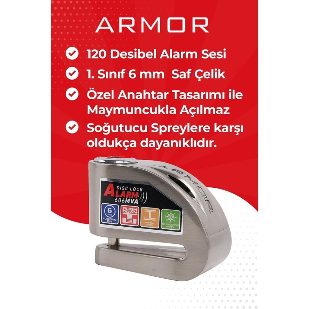 Armor Alarmlı Motorsiklet Disk Kilidi Çelik Gövde 606 Mva 6mm-İnox