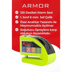 Armor Alarmlı Motorsiklet Disk Kilidi Çelik Gövde 606 Mva 6mm-Yeşil