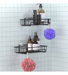 Banyo Düzenleyici Yapışkanlı Metal Banyo ve Dolap Rafı İkili Duş Rafı Organizer Şampuanlık Mat siyah-GNRL242