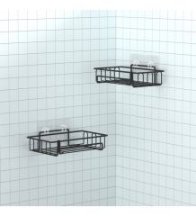 Banyo Düzenleyici Yapışkanlı Metal Banyo ve Dolap Rafı İkili Duş Rafı Organizer Şampuanlık Mat siyah-GNRL242