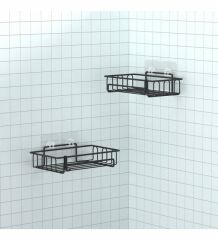 Banyo Düzenleyici Yapışkanlı Metal Banyo ve Dolap Rafı İkili Duş Rafı Organizer Şampuanlık Mat siyah-GNRL242