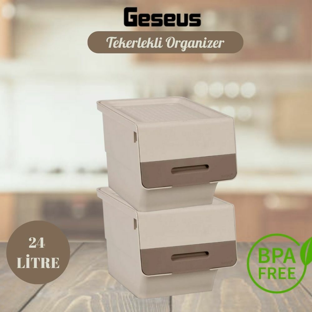 Motek Tekerlekli Patateslik Soğanlık Oyuncak Kutusu Patateslik Soğanlık Sepeti 2X12Lt Krem+Açık kahve