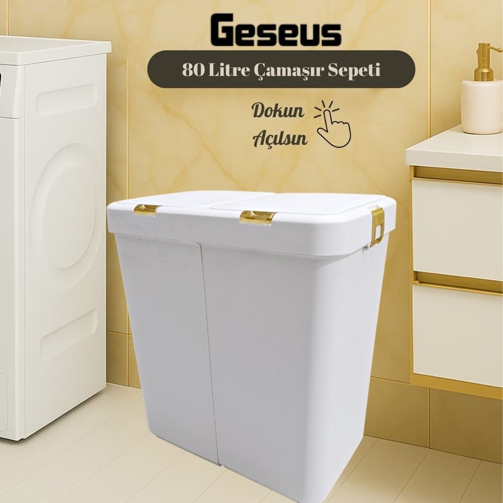 Gold Ikili Dokunmatik Çamaşır Sepeti Çöp Kovası Temizlik Kovası Kirli Sepet 80 Litre-MT009