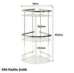 Geseus Paslanmaz Üç Gözlü Banyo Köşe Rafı Şampuanlık 304 Kalite Paslanmaz Çelik-GNRL2020
