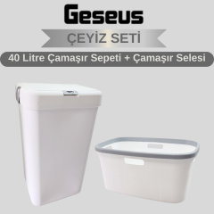 Geseus Motek Tekli 40 Lt Kirli Çamaşır Sepeti+Çamaşır Selesi Ikili Set, Çeyiz Seti Gümüş+Beyaz