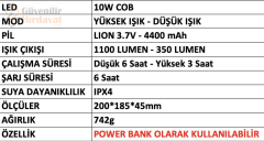 Mercure MC 6869 Ledli Şarjlı Projektör Lamba