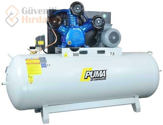 Puma İtalyan Kafa 500 L Litre 7,5 Hp 380 Volt 8 Bar Pistonlu Kompresör Termik Şalterli