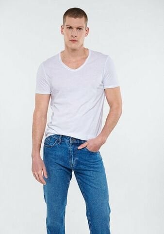 Mavi V Yaka Beyaz Basic Tişört-062773-20843