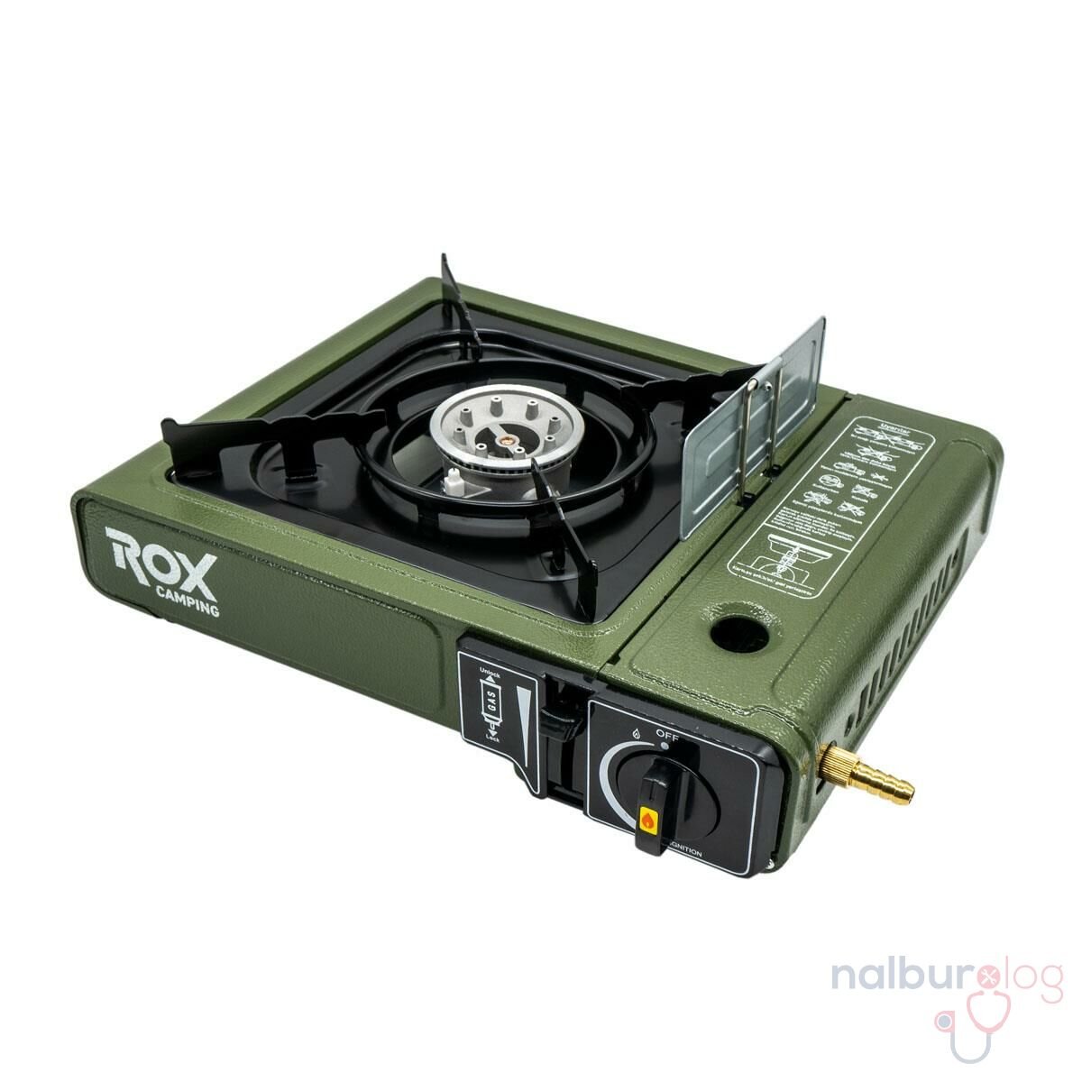 Rox Camping 0188 Tekli Portatif Kamp Ocak, Rüzgarlıklı, Ekstra Gaz Girişli - Haki