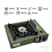 Rox Camping 0188 Tekli Portatif Kamp Ocak, Rüzgarlıklı, Ekstra Gaz Girişli - Haki