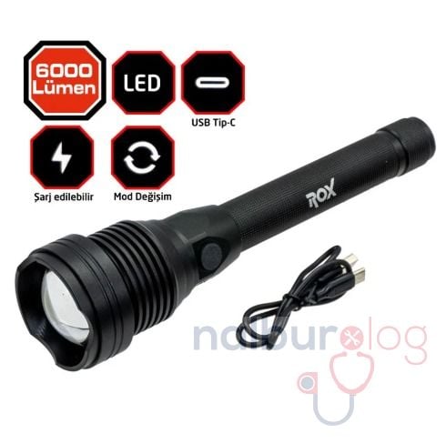 Rox 0214 Şarjlı Led El Feneri 6000 Lümen