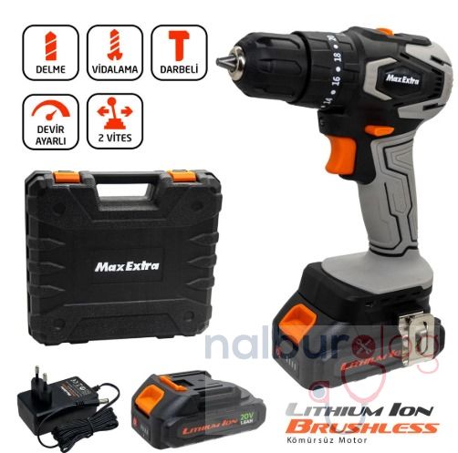 Max Extra MX1830 Çift Akü Kömürsüz Darbeli Matkap 20V 1.5Ah