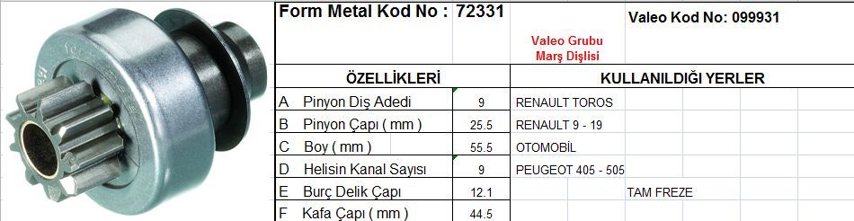 MARŞ DİŞLİSİ RENAULT 9 11 21 9 DİŞ VALEO TİP