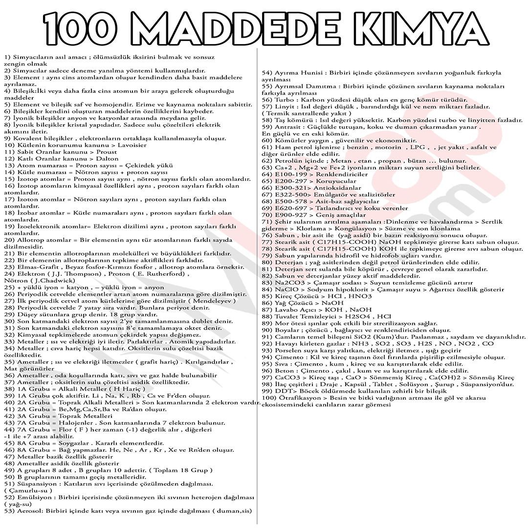TYT 100 Madde Kimya Notları