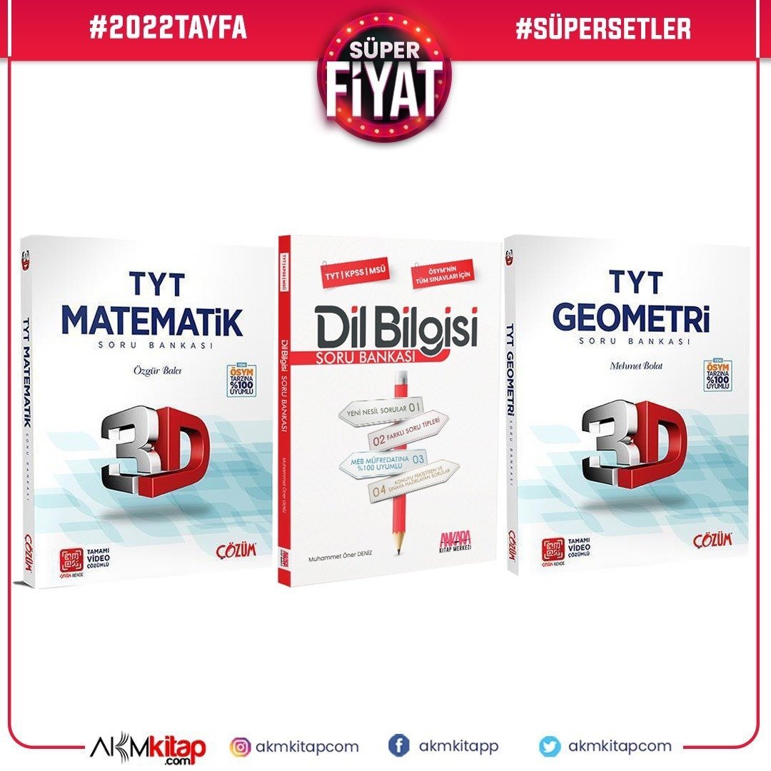 3D TYT Matematik Ve Geometri Ile AKM Dil Bilgisi Soru Bankası Seti 3 ...