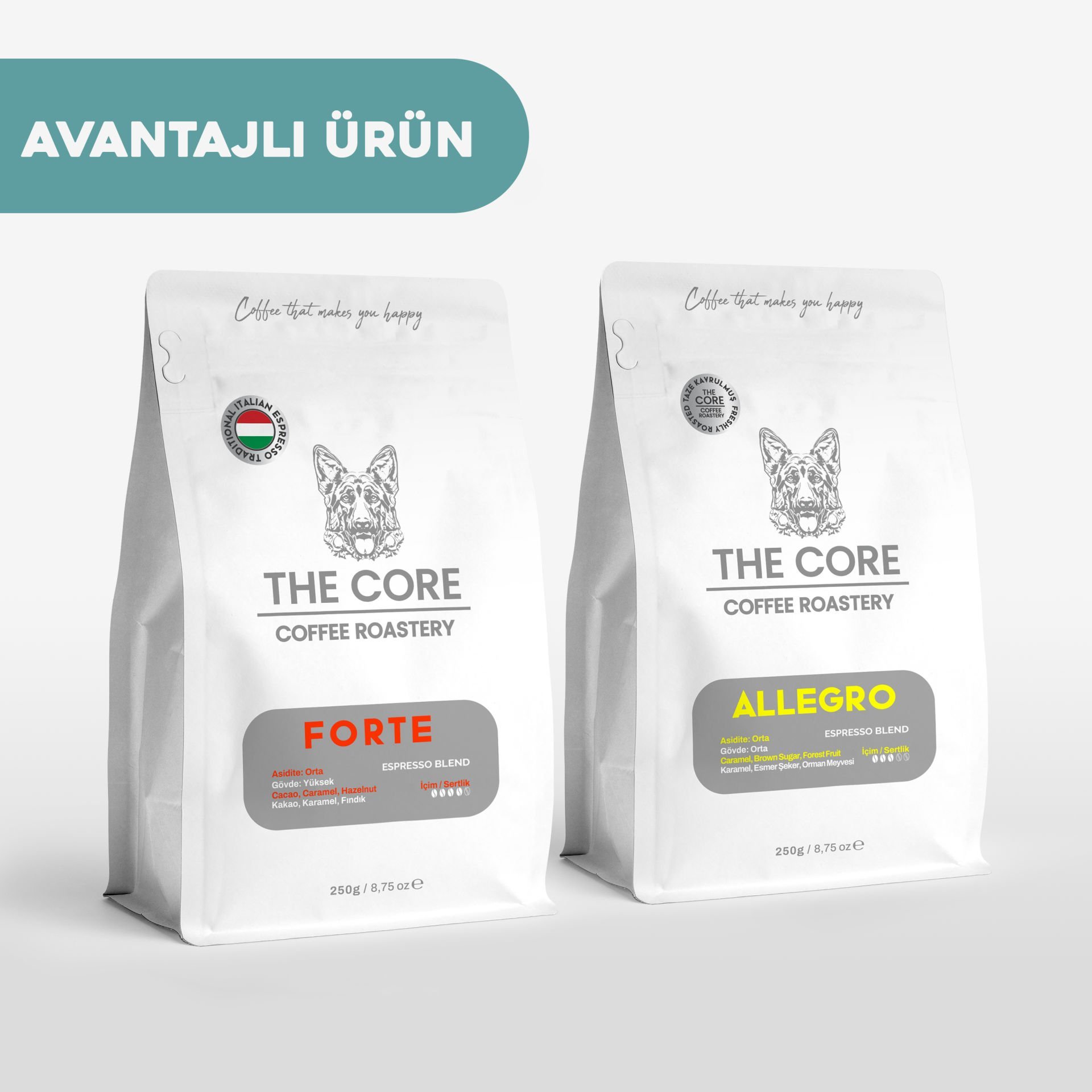 The Core 2'li Espresso Kahve Avantaj Seti Forte ve Allegro  250gr X2