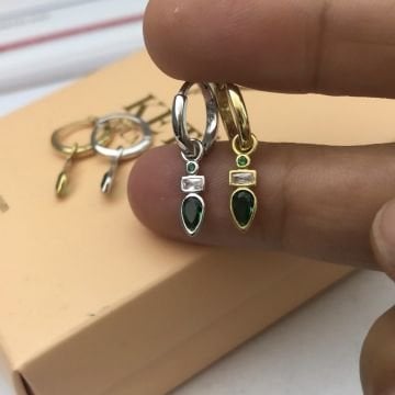 Damla Taşlı Halka Küpe Yeşil  (Tek)