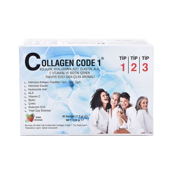 Collagen Code 1 Tip1 Tip2 Tip3 Hidrolize Kolajen + Hyaluronik Asit + C Vitamini içeren Gıda Takviyesi 30 Saşe Çilek Aromalı