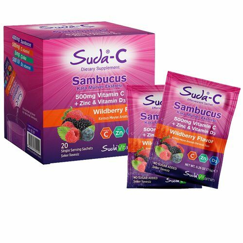 Suda Vitamin Sambucus Kara Mürver Ekstresi 500mg Vitamin C + Zinc + D3 20 Saşe