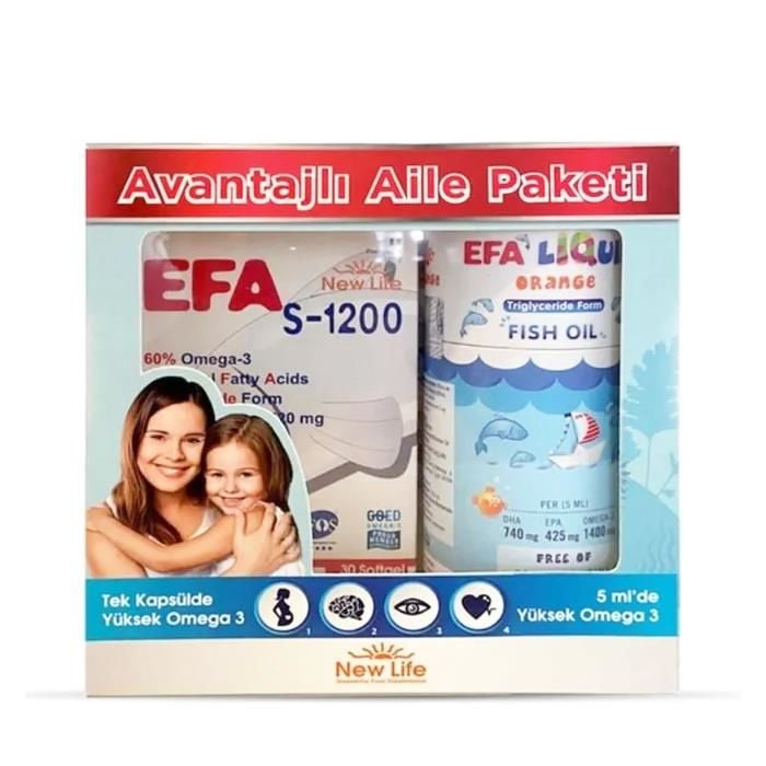 New Life Efa S 1200 mg 30 Kapsül + New Life Efa Liquid Orange Portakal Balık Yağı 150 ml Avantaj Paket