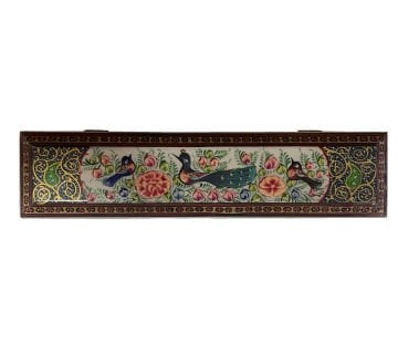 İRAN AHŞAP KALEMLİK SEDEF KAKMA Tavus Kuşlu Mavi-Yeşil Desenli- 30 CM