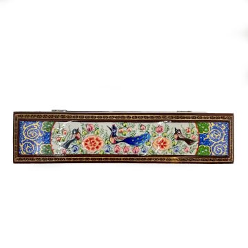 İRAN AHŞAP KALEMLİK SEDEF KAKMA Tavus Kuşlu Mavi - Yeşil Desenli 25 CM