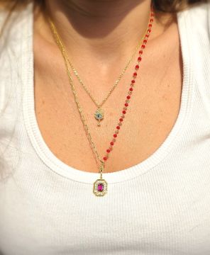Pembe Taşlı Boncuklu Kolye