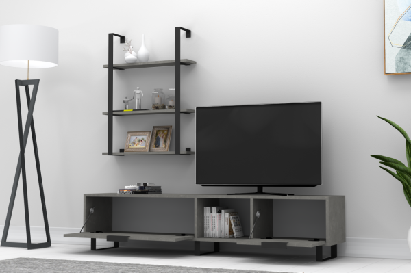 Dmodül Zenon Metal Ayaklı Raflı Tv Ünitesi 180 cm Retro Gri