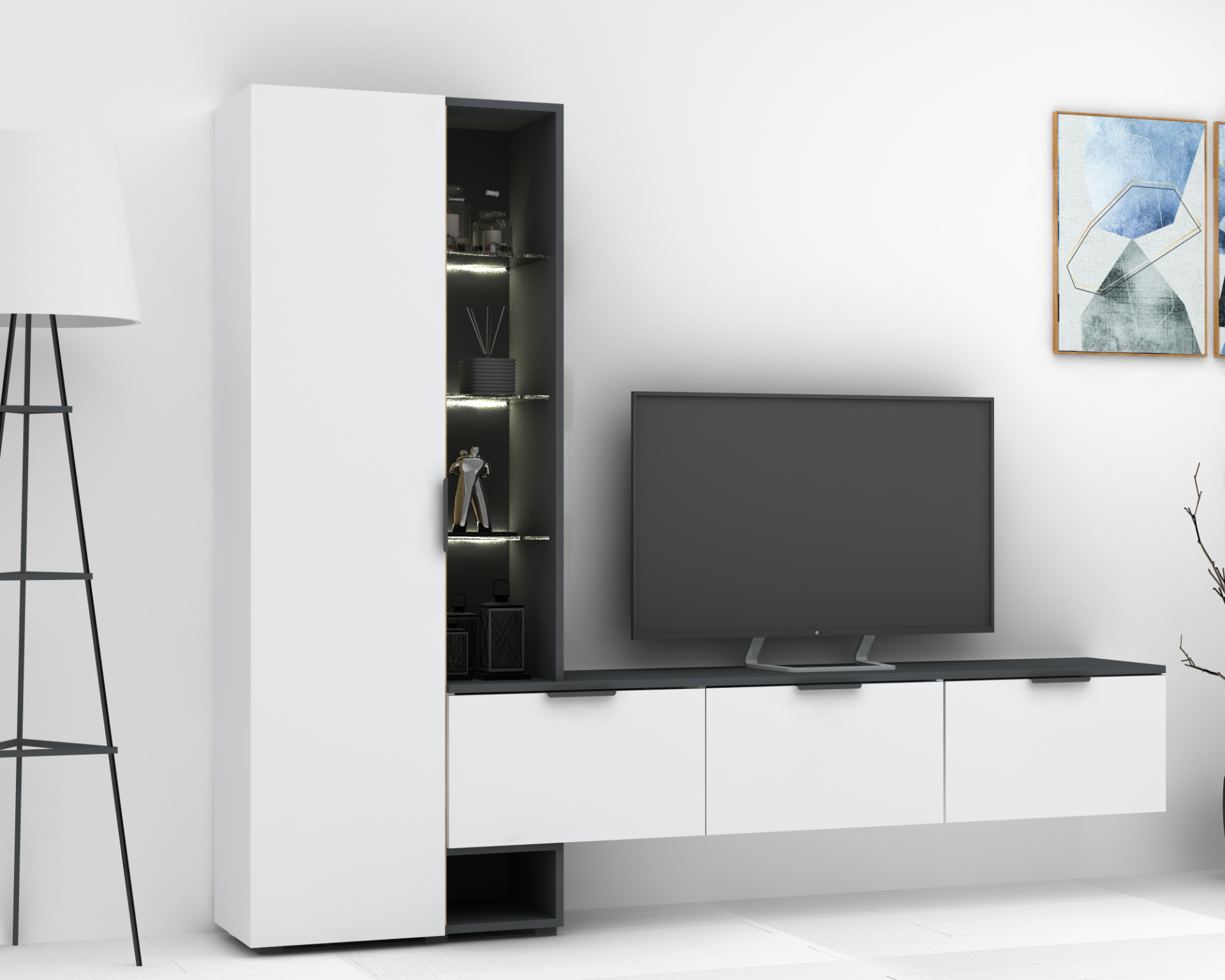 Dmodül Softline-M3  Tv Ünitesi 223 cm Gri Beyaz