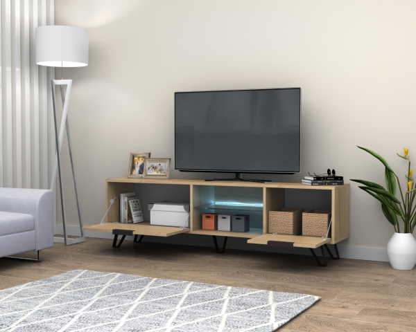 Kaster Led Aydınlatmalı Tv Ünitesi 170 cm Meşe Metal Ayaklı