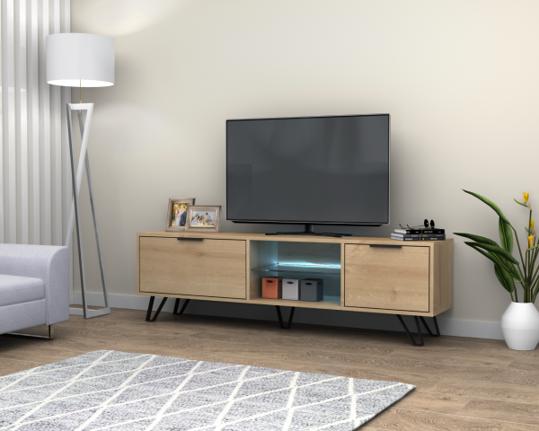 Kaster Led Aydınlatmalı Tv Ünitesi 170 cm Meşe Metal Ayaklı