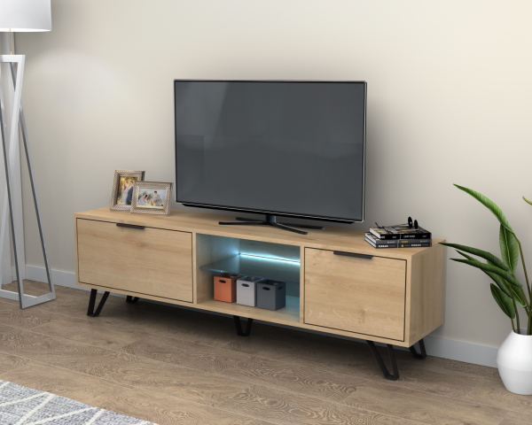 Kaster Led Aydınlatmalı Tv Ünitesi 170 cm Meşe Metal Ayaklı