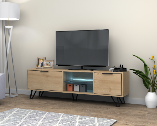 Kaster Led Aydınlatmalı Tv Ünitesi 170 cm Meşe Metal Ayaklı