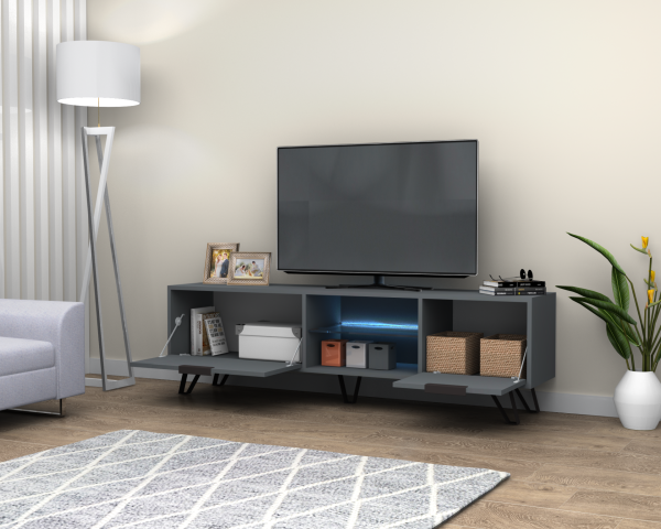 Kaster Led Aydınlatmalı Tv Ünitesi 170 cm Koyu Gri Metal Ayaklı