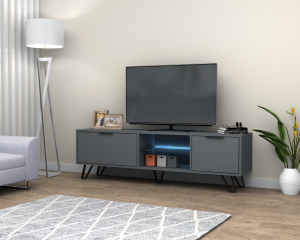 Kaster Led Aydınlatmalı Tv Ünitesi 170 cm Koyu Gri Metal Ayaklı