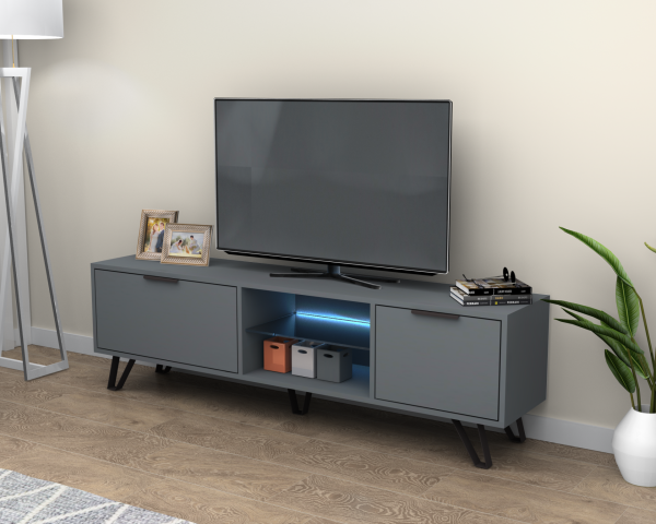 Kaster Led Aydınlatmalı Tv Ünitesi 170 cm Koyu Gri Metal Ayaklı