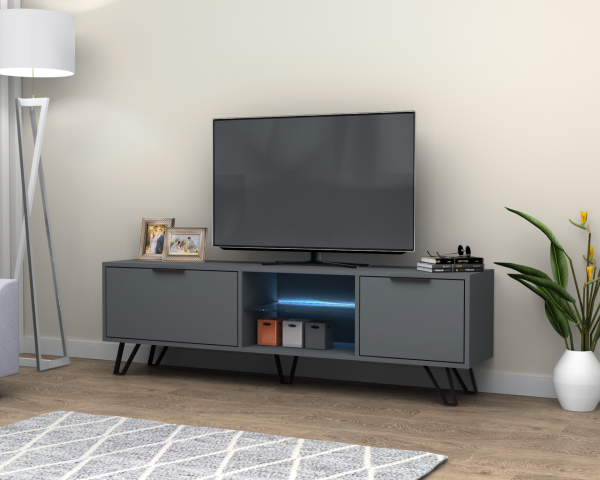 Kaster Led Aydınlatmalı Tv Ünitesi 170 cm Koyu Gri Metal Ayaklı