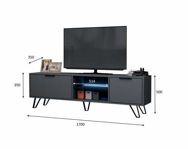 Kaster Led Aydınlatmalı Tv Ünitesi 170 cm Koyu Gri Metal Ayaklı