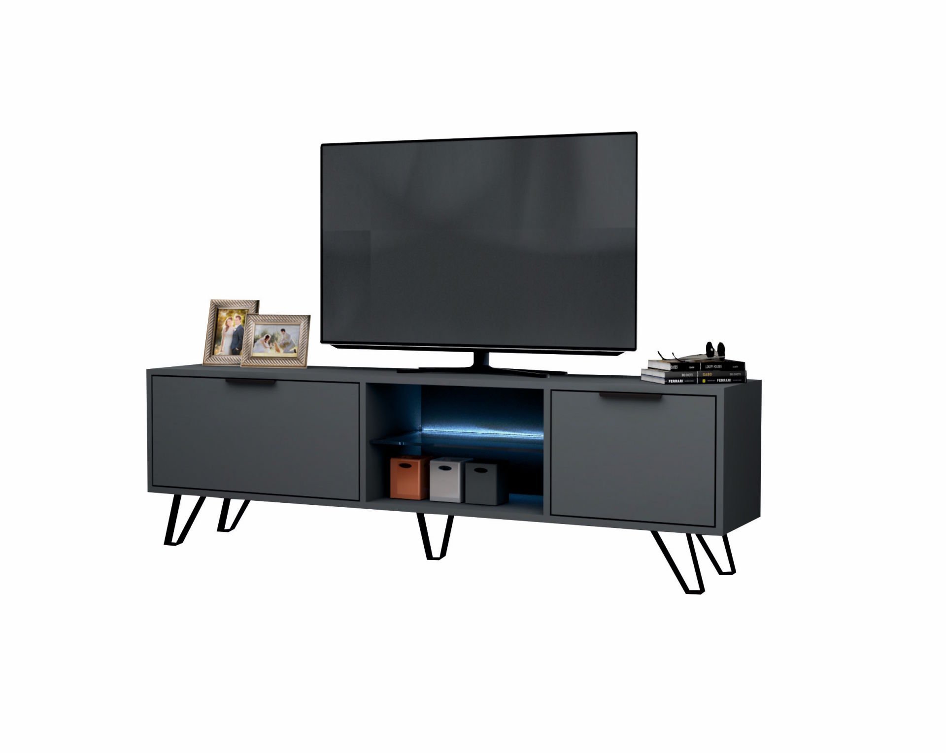 Kaster Led Aydınlatmalı Tv Ünitesi 170 cm Koyu Gri Metal Ayaklı