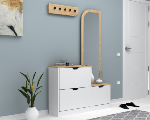 Dmodül Volge Aynalı Ayakkabılık 110 cm Meşe Beyaz Derinlik 30cm
